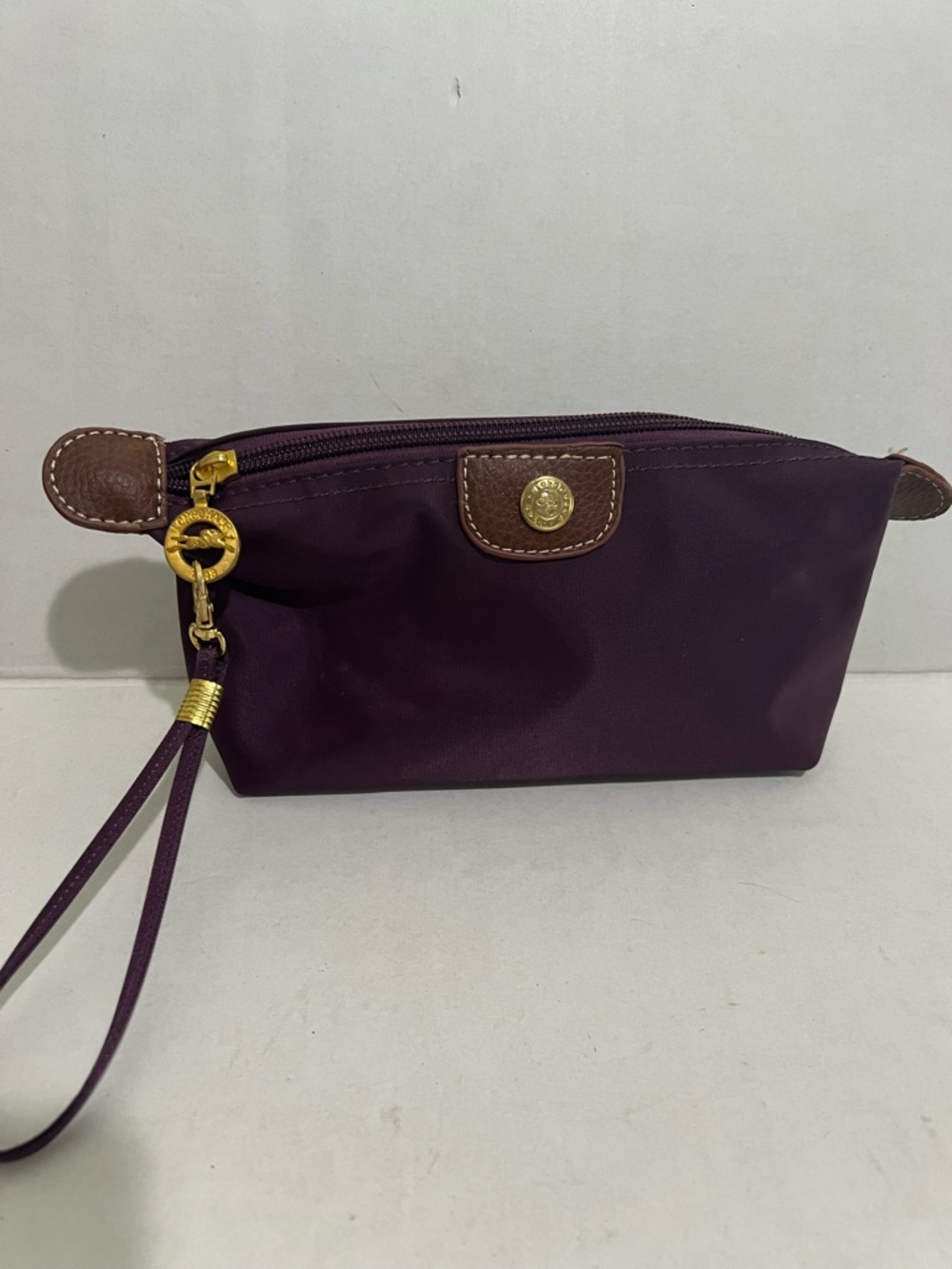 Longchamp Plum Nylon Cosmetic Pouch with Brown Leather Trim